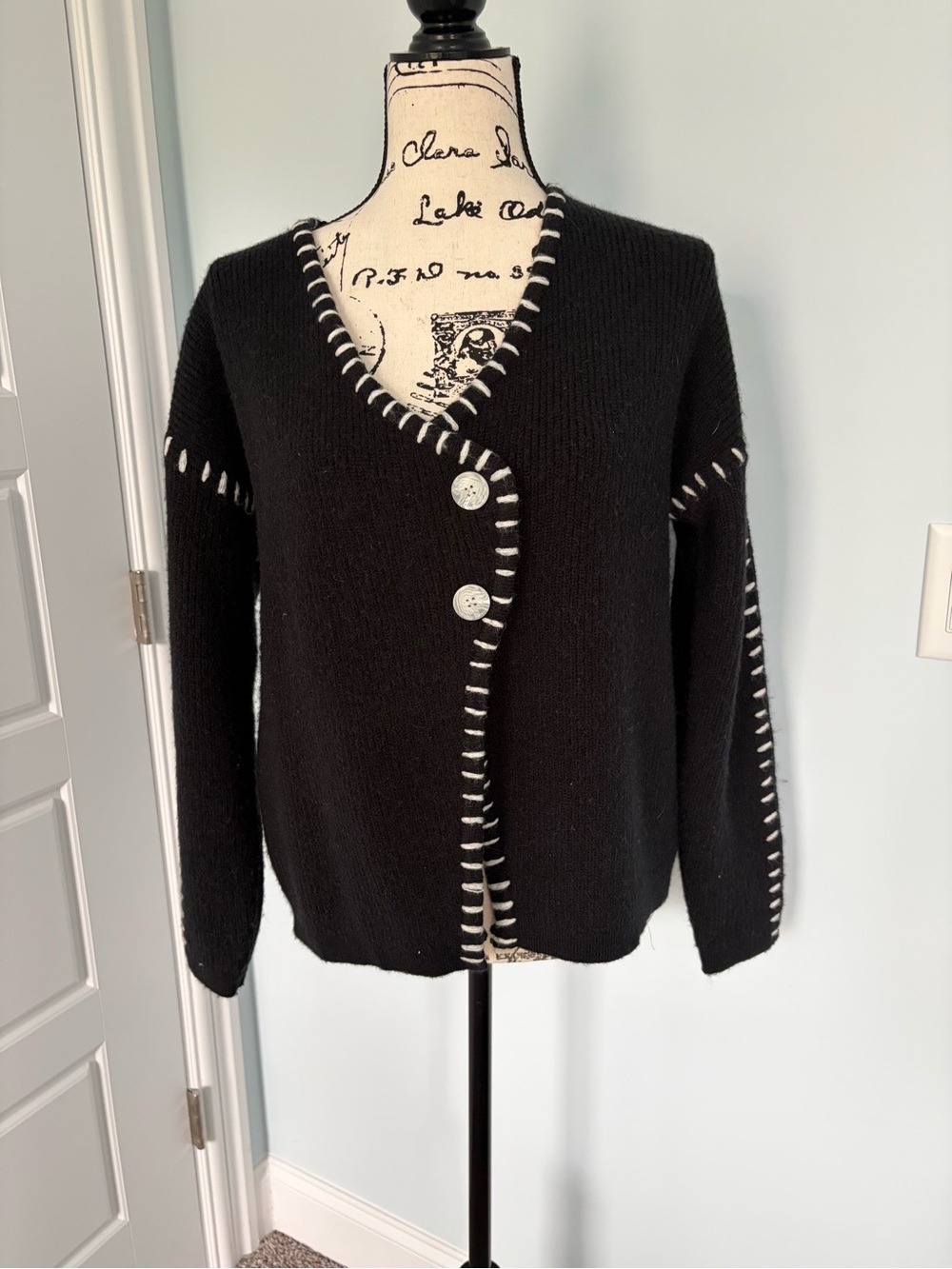 Womens Black Button Sweater with Contrast Stitching